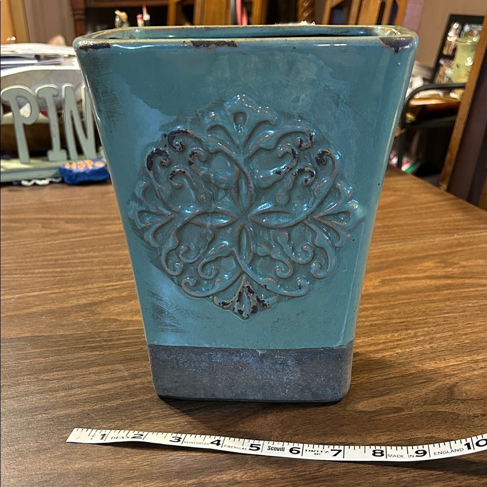 Teal Decorative Ceramic Vase with Embossed Medallion - Home Accents